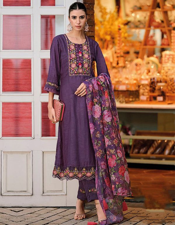 Trendy Pakistani Style Salwar Kameez Purple Taupe Blended Silk Pant Straight Front View